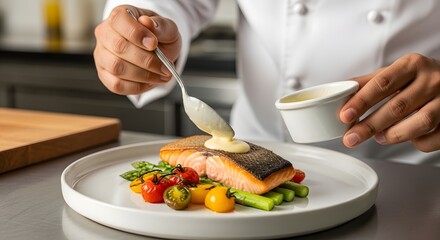 A professional chef carefully plating a gourmet seared salmon dish with fresh vegetables and a creamy sauce.