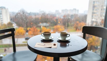 カフェの窓際の席に置かれたコーヒーカップの写真
