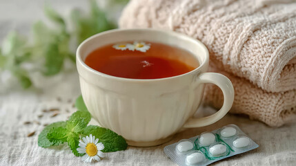 A comforting cup of tea with chamomile flowers, accompanied by fresh mint leaves, cozy towels, and a blister pack of pills.