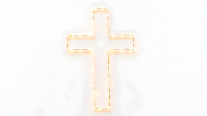 Glowing cross made of warm LED fairy lights on a simple white background