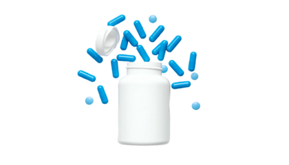 White bottle with spilling blue capsules against black background