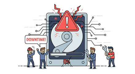 Hard Drive Failure Concept IT Technicians Repairing Critical System Downtime Issues and Data Loss