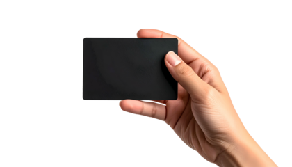 A hand holding a sleek, black rectangular card against a stark black background