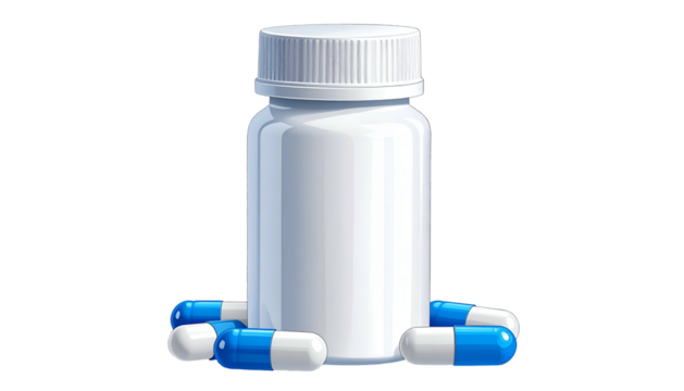 White medicine bottle with blue and white capsules scattered around on a black background