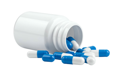 A white pill bottle tipped over, spilling out many blue and white capsules against a black background