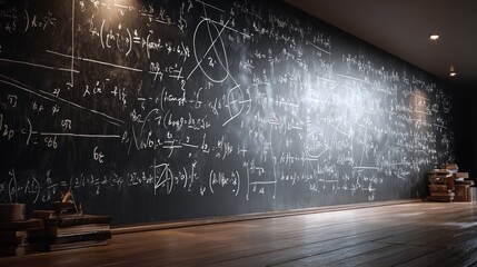 Black chalkboard filled with mathematical equations and formulas