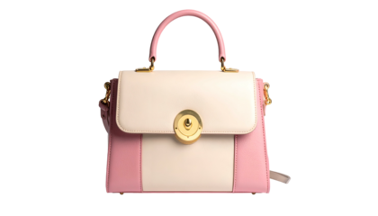 Two-tone handbag with a rounded handle and golden hardware, isolated on black