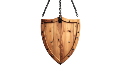 Wooden shield, hung by chains, featuring wooden planks and metal studs, against black