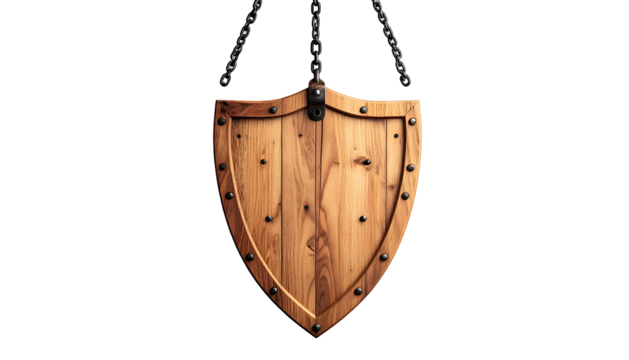 Wooden shield, hung by chains, featuring wooden planks and metal studs, against black