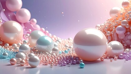 A collection of glossy, spherical pearls and colorful orbs against a soft background