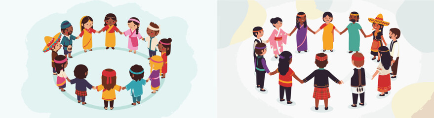 Flat Design Illustration of Diverse People Holding Hands in a Circle