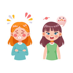 Set of girls with different emotions Illustration. 2D character