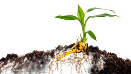 Isolated plant sprout with exposed roots in soil against black backdrop, showing new growth