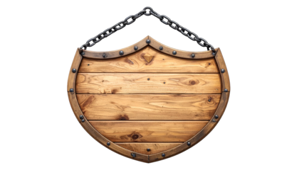 A wooden, shield-shaped sign with a chain, on a black background