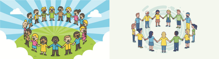 Stylized Vector Diverse Community Holding Hands in Circle Illustration