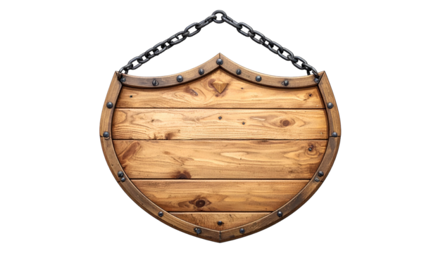 A wooden, shield-shaped sign with a chain, on a black background