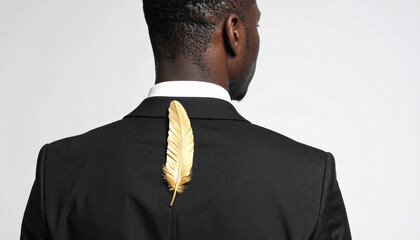 黒いスーツの背中に金の羽根を宿す男性の後ろ姿 generative ai