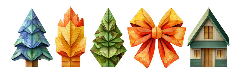 Colorful and Artistic Collection of Stylized Trees, Bow, and House Designs