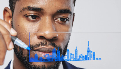 青いペンで都市の未来を描く男性のクローズアップ generative ai