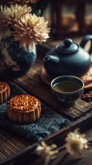 Naklejka premium Traditional Tea and Mooncake Arrangement for Cultural Celebration