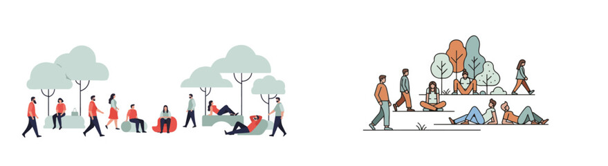 Minimalist Vector People in Park Scene Flat and Line Art Style