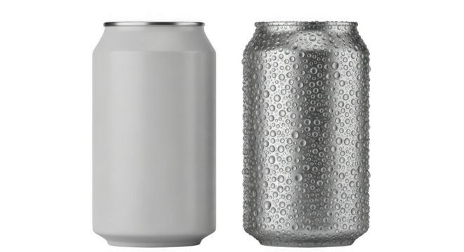 Two aluminum beverage cans, one solid and one wireframe, isolated on transparent background