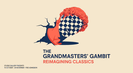 Conceptual art exhibit poster with chess-themed brain bursting through a wall design