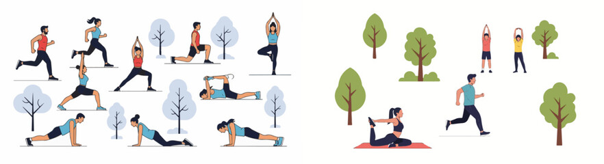 Flat Vector Illustrations of People Exercising Yoga and Running Outdoors