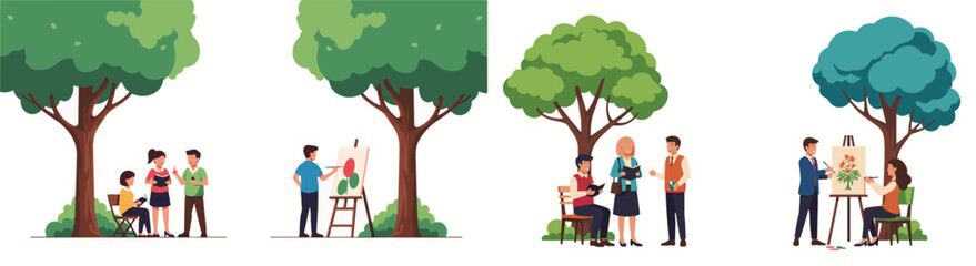 Flat Vector Illustrations of People Reading and Painting Under Trees