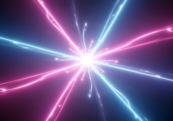 Naklejka premium Abstract neon lines emanating from a central point, creating a mesmerizing visual display. The glowing lines, in shades of pink and blue, converge and diverge, forming an abstract and dynamic pattern