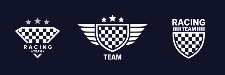 Racing Logo and Automotive Stripe Vector Pack – Vector illustration set with checkered flags, sport decals, racing lines, and vinyl car decorations for motorsport branding and vehicle customization.