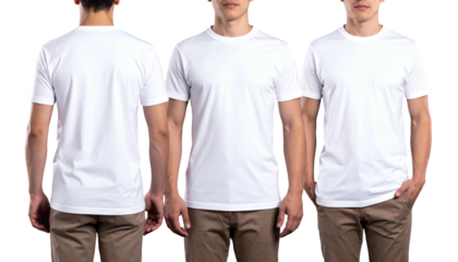 Three views of a man in a white crew neck t-shirt, front, back, and side, brown pants