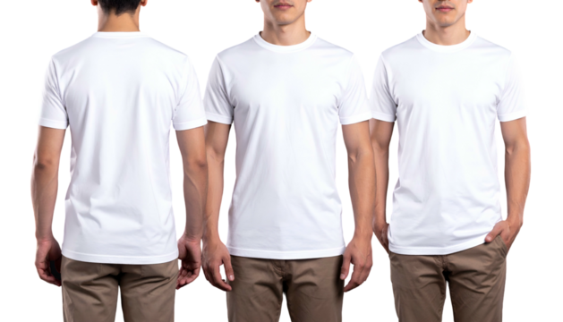 Three views of a man in a white crew neck t-shirt, front, back, and side, brown pants