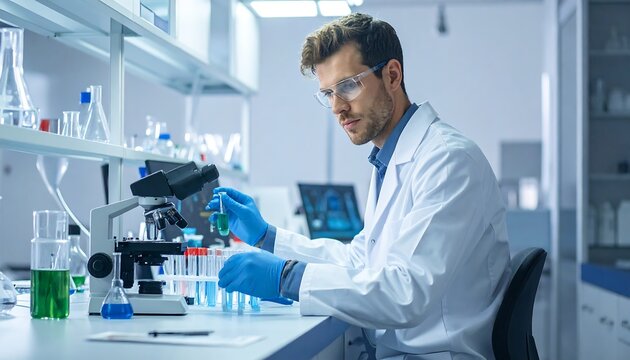 A scientist in a lab coat examines a test tube with blue liquid
