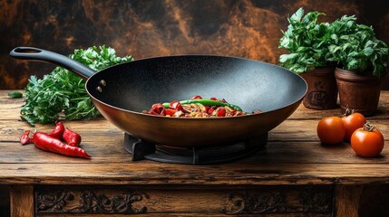 large black frying pan on rustic wooden table with cooked vegetables including red chili peppers and a green chili, fresh parsley in pots and whole tomatoes surrounding it