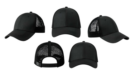 Five views of a black cap with a mesh back panel, showcasing the design from all angles