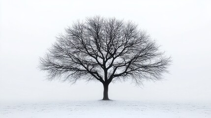 Single large leafless tree standing alone on a snow-covered landscape under a foggy white sky