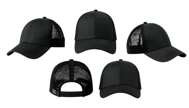 Five views of a black cap with a mesh back panel, showcasing the design from all angles