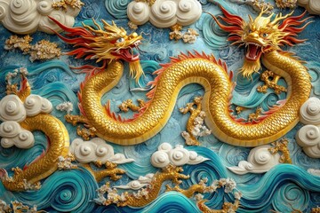 Obraz premium vibrant golden two-headed dragon sculpture entwined amidst stylized blue waves and fluffy swirling clouds with intricate gold accents