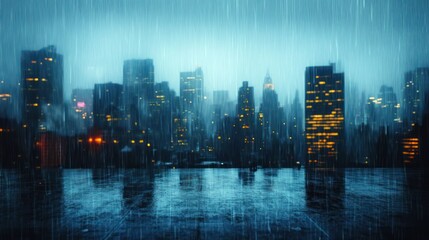 City skyline at night seen through heavy rain with illuminated skyscrapers and reflections on wet surface evoking a moody atmosphere