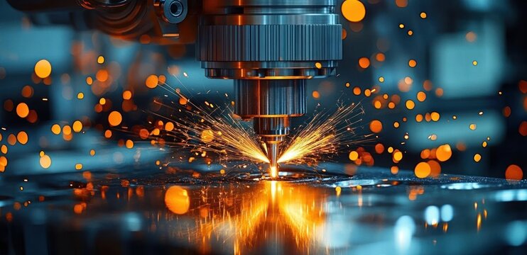 Close-up of a metalworking machine producing bright orange sparks as it cuts or engraves a reflective metal surface in an industrial setting