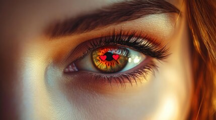 Close-up of a brown eye with long eyelashes reflecting two red heart shapes filled with warm golden light around the eye, evoking feelings of love and admiration