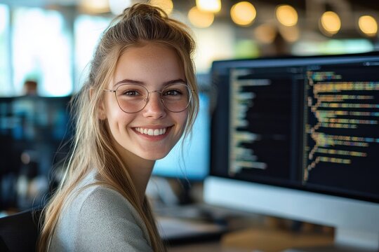 young woman with glasses smiling at camera while sitting in front of computer screens displaying code in modern office environment