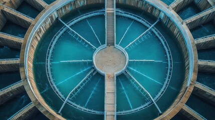 aerial view of a large circular water treatment tank with radial partitions and walkways over blue water