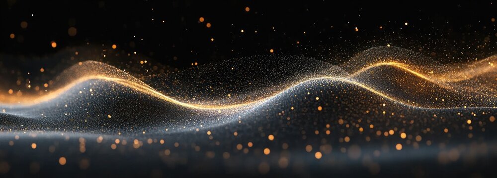 Abstract flowing wave of golden and white particles glowing against a black background, creating a sense of motion and energy