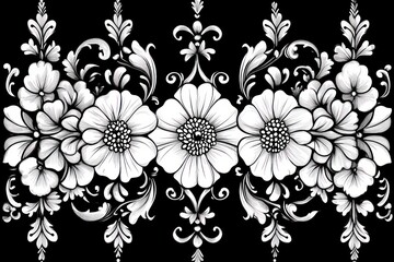 Fototapeta premium Intricate symmetrical black and white floral design with large central flowers surrounded by ornate leaves and smaller blossoms on a dark background