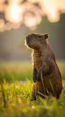 Fototapeta premium A capybara stands tall in a field of green grass, basking in the sun