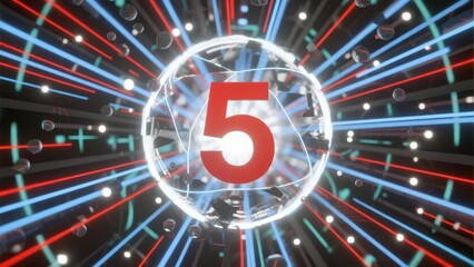 A digital countdown display featuring the number five within a glowing sphere, surrounded by radiant light beams and particles.