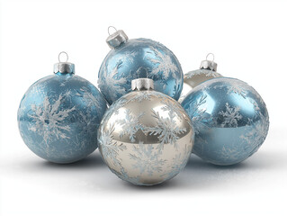 Cool blue and silver Christmas balls with frosty snowflake designs, transparent background ideal for icy winter themes, digital invitations, and seasonal greeting card layouts clearly  