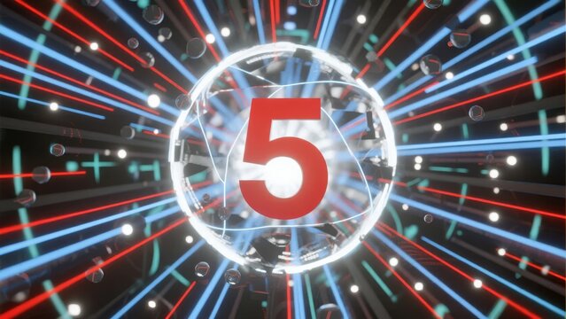 A digital countdown display featuring the number five within a glowing sphere, surrounded by radiant light beams and particles. - Powered by Adobe